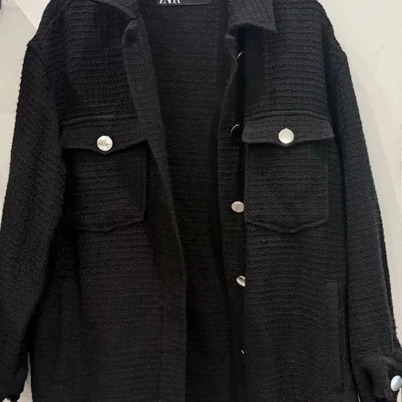 ZARA Tweed Oversized Shacket Jacket Textured Frayed Black w/Silver Buttons Med - Picture 5 of 5